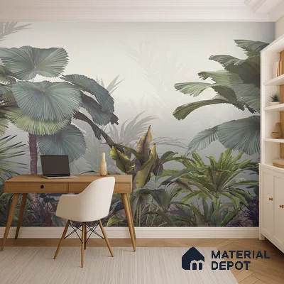 Mistveil Palm Garden Tropical Mist Nature Art | WP 04019 B Canvas Texture Finish Tropical Style luxurious Customized size Wallpaper | 250 GSM WP01CNF Paper | (MOQ = 30 Sq. Ft.)