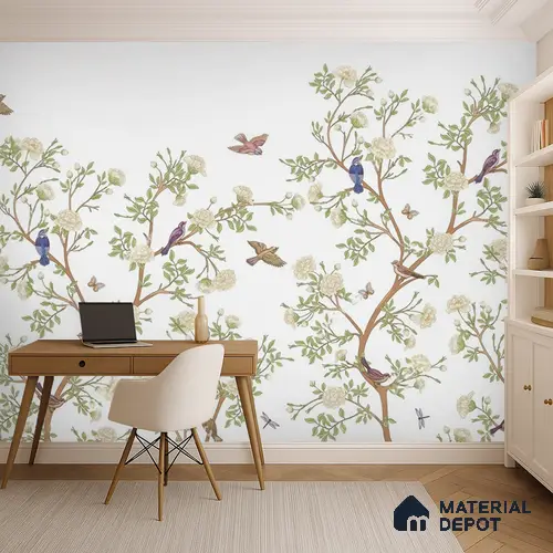 Ivory Branch Serenade Chinoserie Blossom Oriental Mural Art | WP 04020 Non Woven Matte Finish Chinoiserie Style Premium Customized size Wallpaper | 150 GSM WP01MTF Paper | (MOQ = 30 Sq. Ft.)