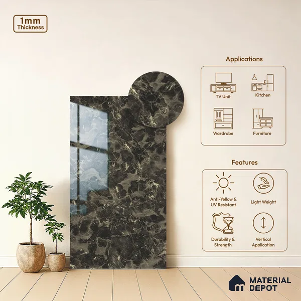 Brown Marble Look LM 01285 8 ft x 4 ft High Gloss Finish Decorative Laminate - 1 mm | Suitable for TV Unit, Wardrobe, Kitchen Cabinets