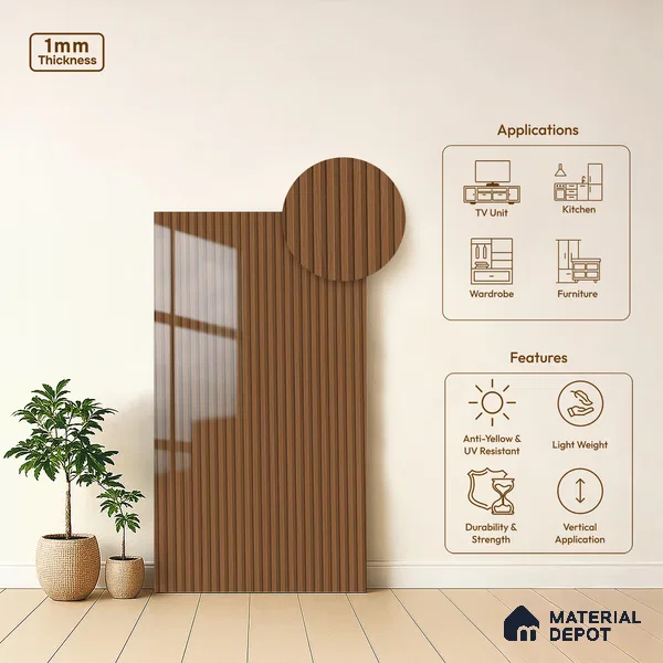 Wooden Look LM 02782 Teakasa 8 ft x 4 ft Louvers Finish Decorative Laminate - 1 mm | Suitable for TV Unit, Wardrobe, Kitchen Cabinets