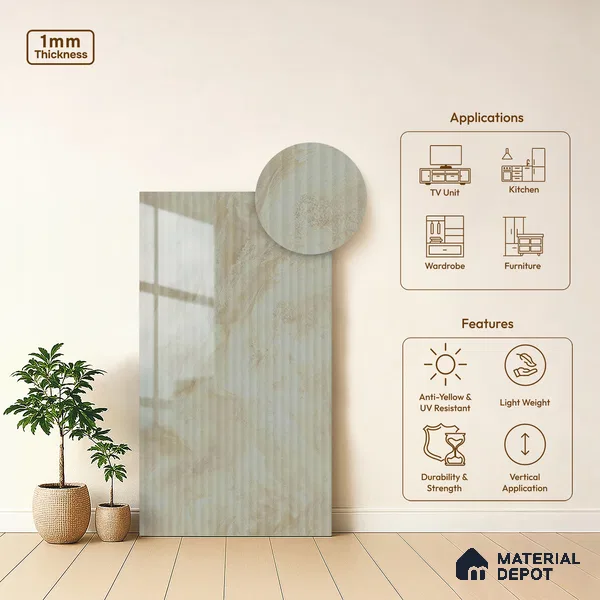 Beige Marble Look LM 02786 Volcano Marble 8 ft x 4 ft Glassious Flute Finish Decorative Laminate - 1 mm | Suitable for TV Unit, Wardrobe, Kitchen Cabinets