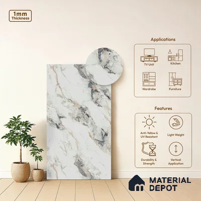 White Marble Look LM 02801 Safroni Marble 8 ft x 4 ft Zero Soft Matt Finish Decorative Laminate - 1 mm | Suitable for TV Unit, Wardrobe, Kitchen Cabinets