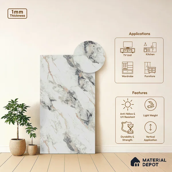 White Marble Look LM 02801 Safroni Marble 8 ft x 4 ft Zero Soft Matt Finish Decorative Laminate - 1 mm | Suitable for TV Unit, Wardrobe, Kitchen Cabinets