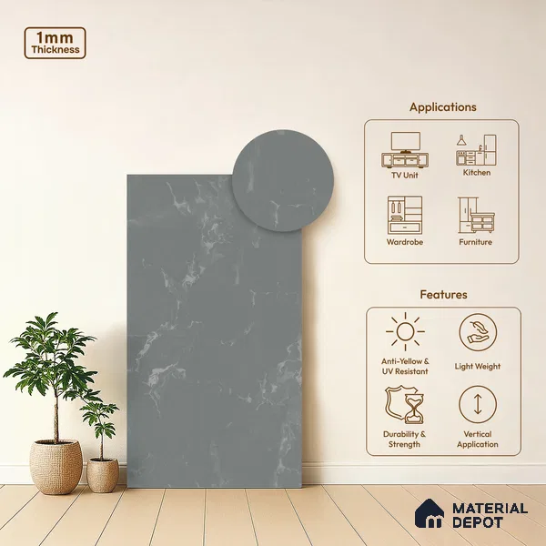 Grey Marble Look LM 02805 Grey Panda Marble 8 ft x 4 ft Natural Thermal Stone Finish Decorative Laminate - 1 mm | Suitable for TV Unit, Wardrobe, Kitchen Cabinets