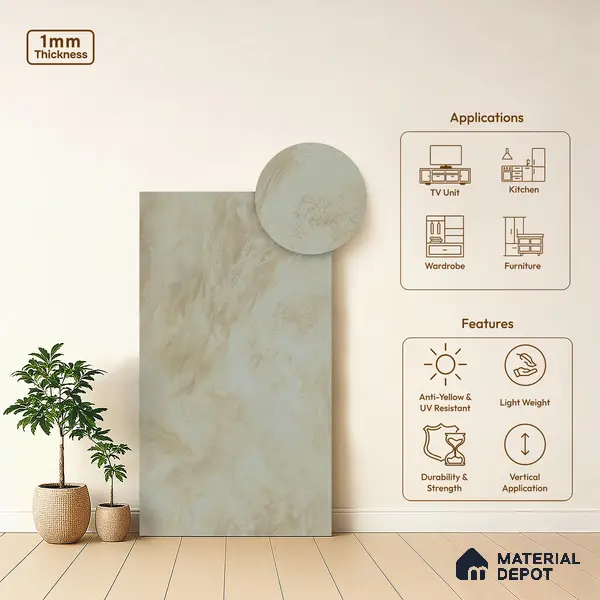 Beige Marble Look LM 02806 Volcano Ivory Marble 8 ft x 4 ft Natural Thermal Stone Finish Decorative Laminate - 1 mm | Suitable for TV Unit, Wardrobe, Kitchen Cabinets