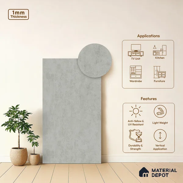 Grey Marble Look LM 02812 Tuffalo Light 8 ft x 4 ft Natural Thermal Stone Finish Decorative Laminate - 1 mm | Suitable for TV Unit, Wardrobe, Kitchen Cabinets