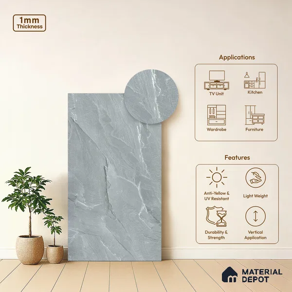 Grey Marble Look LM 02817 Tundra Light 8 ft x 4 ft River Pebble Stone Finish Decorative Laminate - 1 mm | Suitable for TV Unit, Wardrobe, Kitchen Cabinets
