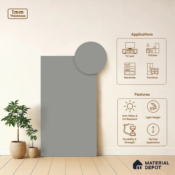 Textured Solid Look LM 02825 Light Grey 8 ft x 4 ft Stone Finish Decorative Laminate - 1 mm | Suitable for TV Unit, Wardrobe, Kitchen Cabinets