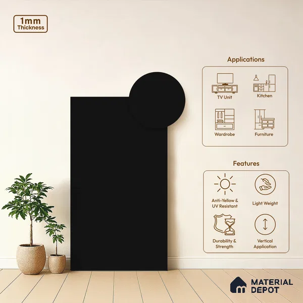 Textured Solid Look LM 02827 Natural Black 8 ft x 4 ft Stone Finish Decorative Laminate - 1 mm | Suitable for TV Unit, Wardrobe, Kitchen Cabinets