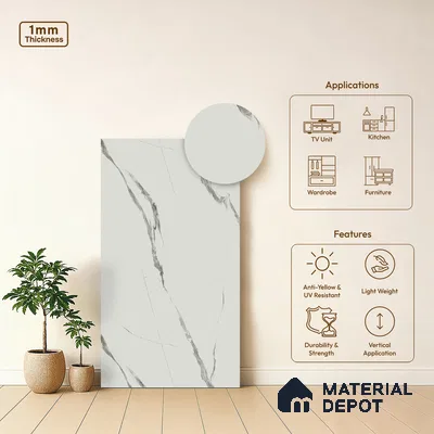 White Marble Look LM 02829 White Carrara 8 ft x 4 ft Stonem Finish Decorative Laminate - 1 mm | Suitable for TV Unit, Wardrobe, Kitchen Cabinets