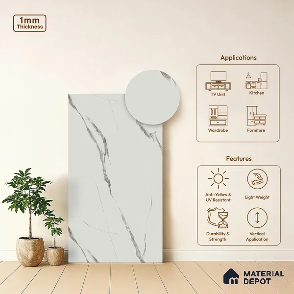 White Marble Look LM 02829 White Carrara 8 ft x 4 ft Stonem Finish Decorative Laminate - 1 mm | Suitable for TV Unit, Wardrobe, Kitchen Cabinets