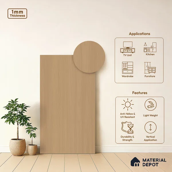 Wooden Look LM 02866 Drum Stick 8 ft x 4 ft Zero Soft Matt Finish Decorative Laminate - 1 mm | Suitable for TV Unit, Wardrobe, Kitchen Cabinets