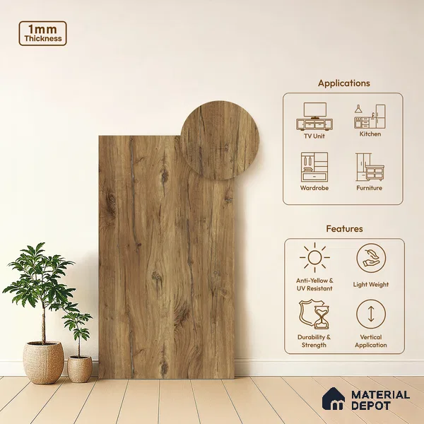 Wooden Look LM 02891 Light Natural Oak 8 ft x 4 ft Metallic Finish Decorative Laminate - 1 mm | Suitable for TV Unit, Wardrobe, Kitchen Cabinets