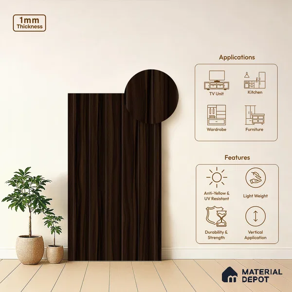 Wooden Look LM 02914 Smoke Walnut 8 ft x 4 ft Impress Grain Finish Decorative Laminate - 1 mm | Suitable for TV Unit, Wardrobe, Kitchen Cabinets