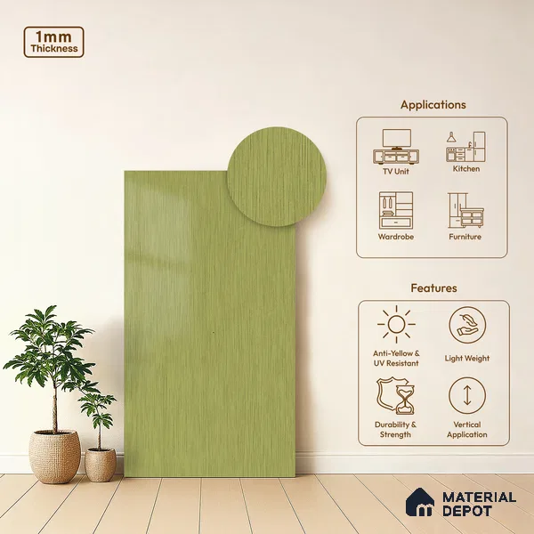 Green Metallic Look LM 02946 Glden 8 ft x 4 ft Foil Finish Decorative Laminate - 1 mm | Suitable for TV Unit, Wardrobe, Kitchen Cabinets
