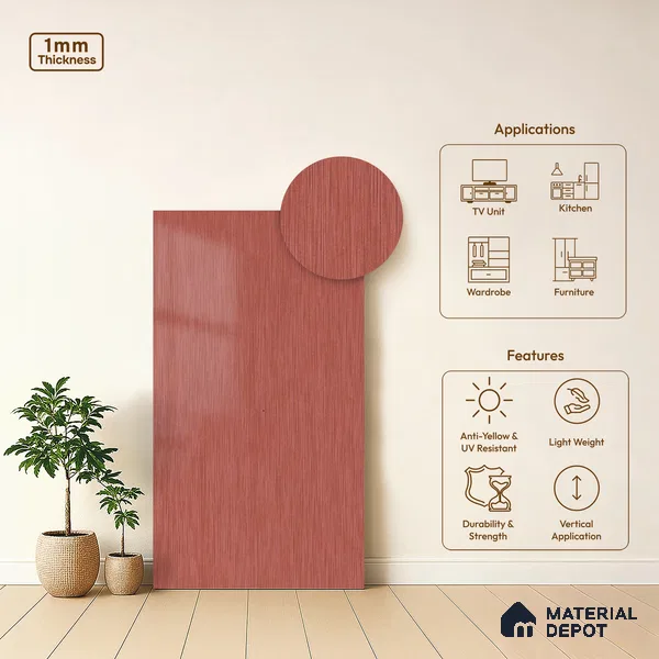 Red Metallic Look LM 02947 Red 8 ft x 4 ft Foil Finish Decorative Laminate - 1 mm | Suitable for TV Unit, Wardrobe, Kitchen Cabinets
