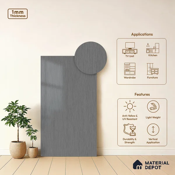 Grey Metallic Look LM 02948 Silver 8 ft x 4 ft Foil Finish Decorative Laminate - 1 mm | Suitable for TV Unit, Wardrobe, Kitchen Cabinets