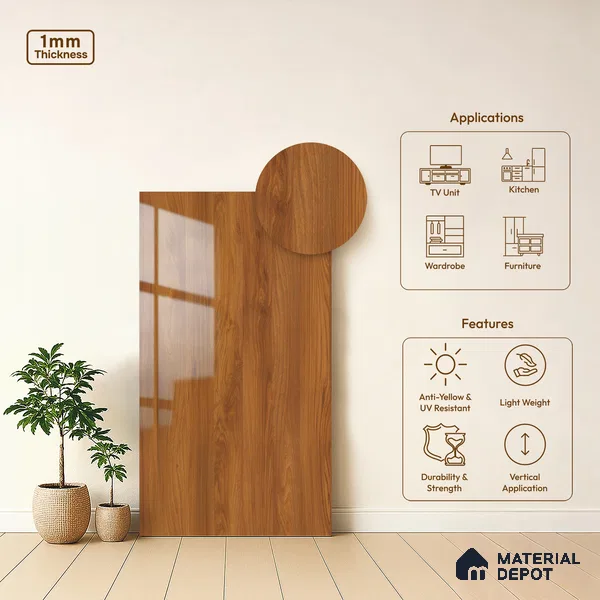 Wooden Look LM 02950 Balsa Yellow 8 ft x 4 ft High Gloss Finish Decorative Laminate - 1 mm | Suitable for TV Unit, Wardrobe, Kitchen Cabinets
