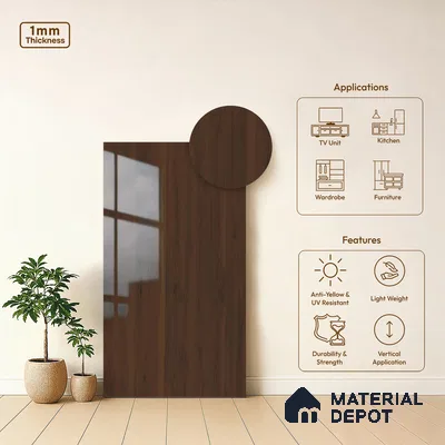 Wooden Look LM 02952 Dare Walnut 8 ft x 4 ft High Gloss Finish Decorative Laminate - 1 mm | Suitable for TV Unit, Wardrobe, Kitchen Cabinets