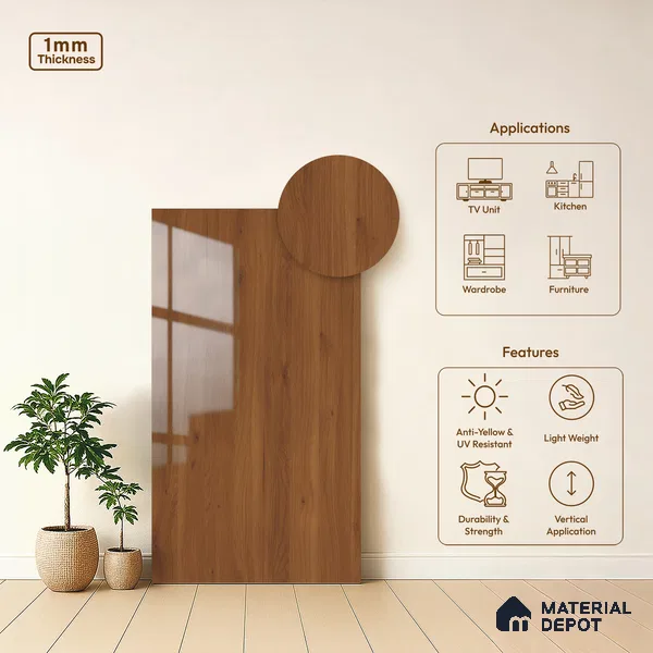 Wooden Look LM 02954 Cyprus 8 ft x 4 ft High Gloss Finish Decorative Laminate - 1 mm | Suitable for TV Unit, Wardrobe, Kitchen Cabinets