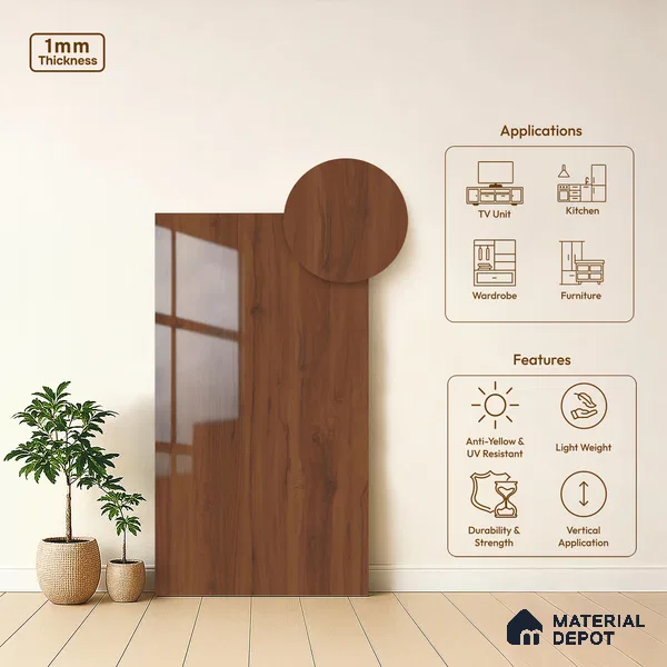 Wooden Look LM 02956 Cinnamon 8 ft x 4 ft High Gloss Finish Decorative Laminate - 1 mm | Suitable for TV Unit, Wardrobe, Kitchen Cabinets
