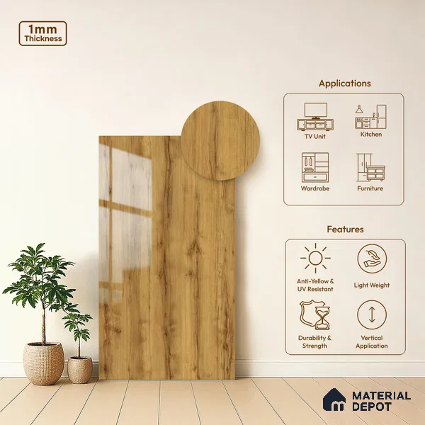 Wooden Look LM 02961 Penut Pine 8 ft x 4 ft High Gloss Finish Decorative Laminate - 1 mm | Suitable for TV Unit, Wardrobe, Kitchen Cabinets
