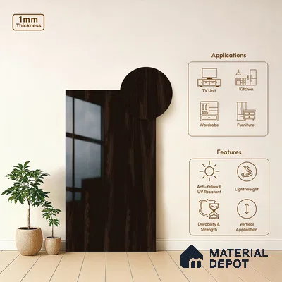 Wooden Look LM 02963 Santana Black 8 ft x 4 ft High Gloss Finish Decorative Laminate - 1 mm | Suitable for TV Unit, Wardrobe, Kitchen Cabinets