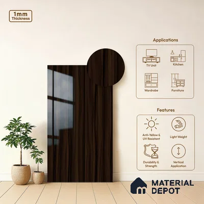 Wooden Look LM 02966 Smoke Walnut 8 ft x 4 ft High Gloss Finish Decorative Laminate - 1 mm | Suitable for TV Unit, Wardrobe, Kitchen Cabinets