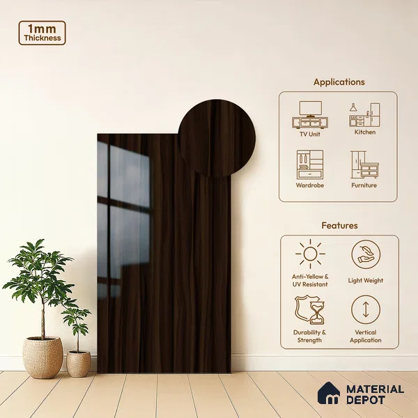 Wooden Look LM 02966 Smoke Walnut 8 ft x 4 ft High Gloss Finish Decorative Laminate - 1 mm | Suitable for TV Unit, Wardrobe, Kitchen Cabinets