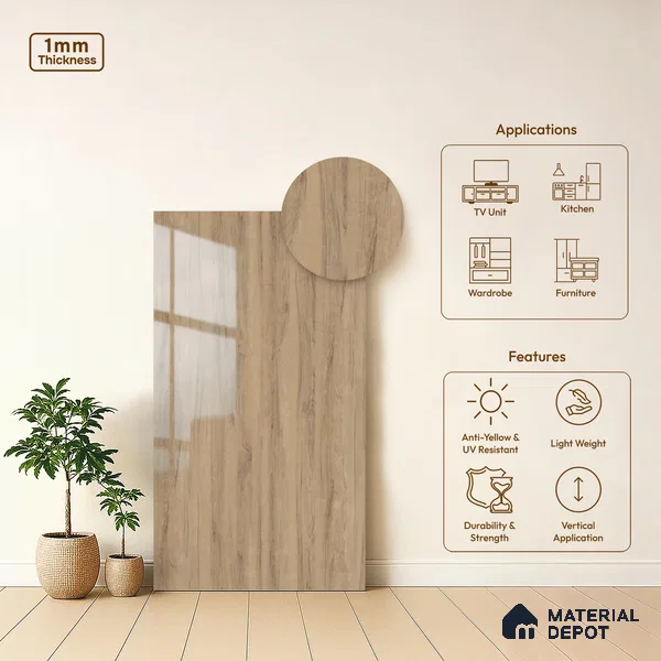 Wooden Look LM 02969 Village Oak 8 ft x 4 ft High Gloss Finish Decorative Laminate - 1 mm | Suitable for TV Unit, Wardrobe, Kitchen Cabinets