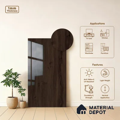 Wooden Look LM 02973 Choco Sahara 8 ft x 4 ft High Gloss Finish Decorative Laminate - 1 mm | Suitable for TV Unit, Wardrobe, Kitchen Cabinets