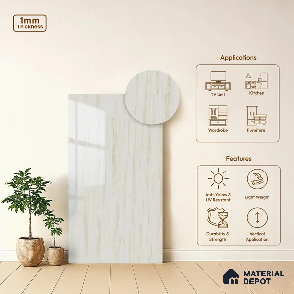 Wooden Look LM 02976 Ice Burg 8 ft x 4 ft High Gloss Finish Decorative Laminate - 1 mm | Suitable for TV Unit, Wardrobe, Kitchen Cabinets