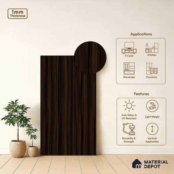 Wooden Look LM 03005 Smoke Walnut 8 ft x 4 ft Suede Finish Decorative Laminate - 1 mm | Suitable for TV Unit, Wardrobe, Kitchen Cabinets