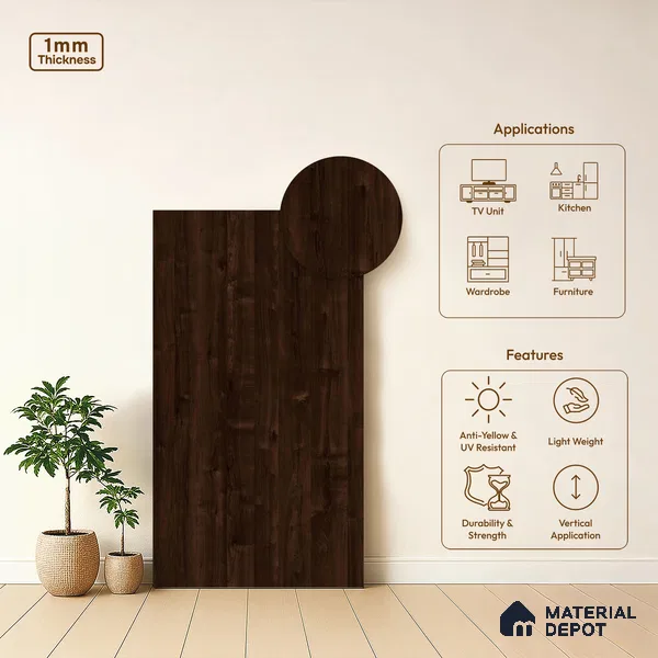 Wooden Look LM 03008 Sevilledark Wooden 8 ft x 4 ft Suede Finish Decorative Laminate - 1 mm | Suitable for TV Unit, Wardrobe, Kitchen Cabinets