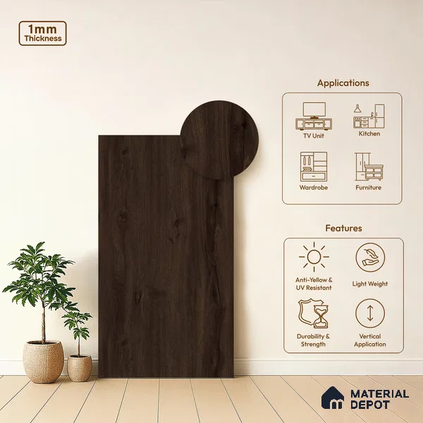 Wooden Look LM 03012 Choco Sahara 8 ft x 4 ft Suede Finish Decorative Laminate - 1 mm | Suitable for TV Unit, Wardrobe, Kitchen Cabinets