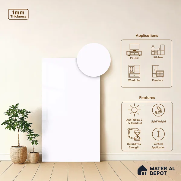 Beige Solid Colors Look LM 03030 Frosty White 8 ft x 4 ft Extra Glossy Finish Decorative Laminate - 1 mm | Suitable for Living Room, Kitchen, Office