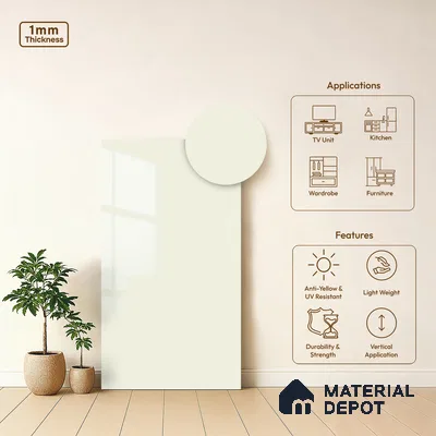Beige Solid Colors Look LM 03031 Egg White 8 ft x 4 ft Extra Glossy Finish Decorative Laminate - 1 mm | Suitable for Living Room, Kitchen, Office