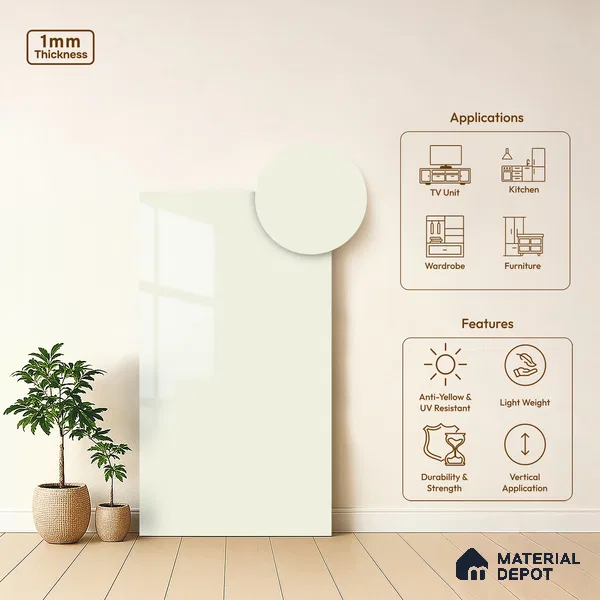 Beige Solid Colors Look LM 03031 Egg White 8 ft x 4 ft Extra Glossy Finish Decorative Laminate - 1 mm | Suitable for Living Room, Kitchen, Office