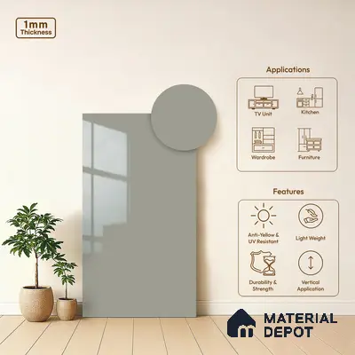 Grey Solid Colors Look LM 03032 Light Grey 8 ft x 4 ft Extra Glossy Finish Decorative Laminate - 1 mm | Suitable for Living Room, Kitchen, Office