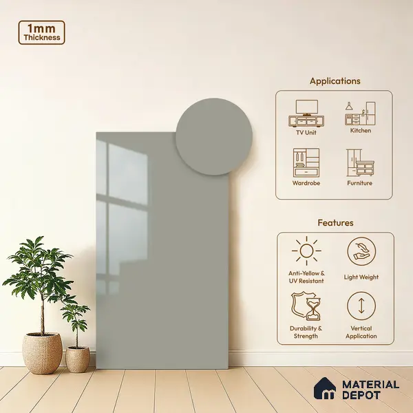 Grey Solid Colors Look LM 03032 Light Grey 8 ft x 4 ft Extra Glossy Finish Decorative Laminate - 1 mm | Suitable for Living Room, Kitchen, Office