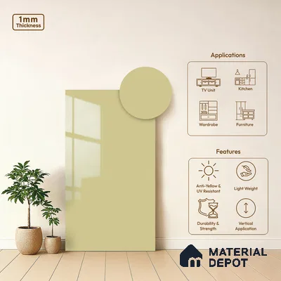 Creamy Beige Solid Colors Look LM 03034 Creama 8 ft x 4 ft Extra Glossy Finish Decorative Laminate - 1 mm | Suitable for Living Room, Kitchen, Office