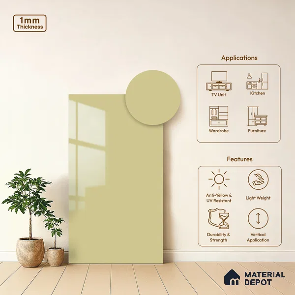 Creamy Beige Solid Colors Look LM 03034 Creama 8 ft x 4 ft Extra Glossy Finish Decorative Laminate - 1 mm | Suitable for Living Room, Kitchen, Office