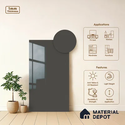 Grey Solid Colors Look LM 03035 Dark Grey 8 ft x 4 ft Extra Glossy Finish Decorative Laminate - 1 mm | Suitable for Living Room, Kitchen, Office