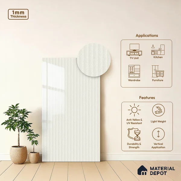 Milky White Fluted Solid Color Look LM 15478 Milky Way 8 ft x 4 ft Glossy Finish Decorative Laminate - 1 mm | Suitable for TV Unit, Wardrobe, Kitchen Cabinets