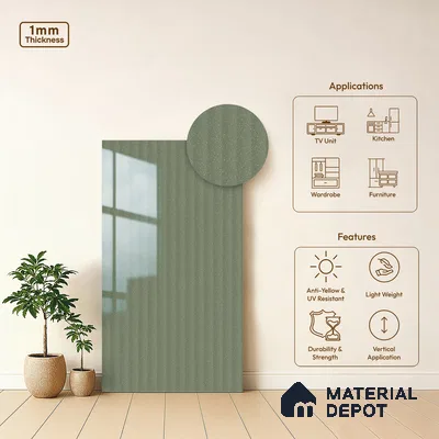 Dusty Sage Green Fluted Solid Color Look LM 15488 Duff 8 ft x 4 ft Glossy Finish Decorative Laminate - 1 mm | Suitable for TV Unit, Wardrobe, Kitchen Cabinets