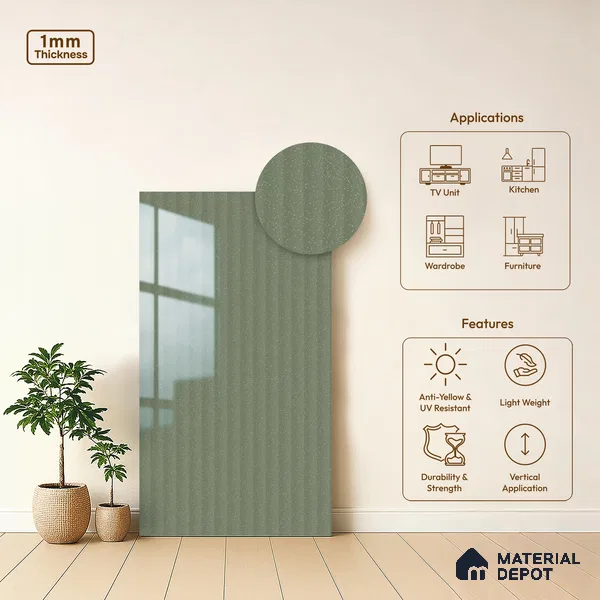 Dusty Sage Green Fluted Solid Color Look LM 15488 Duff 8 ft x 4 ft Glossy Finish Decorative Laminate - 1 mm | Suitable for TV Unit, Wardrobe, Kitchen Cabinets