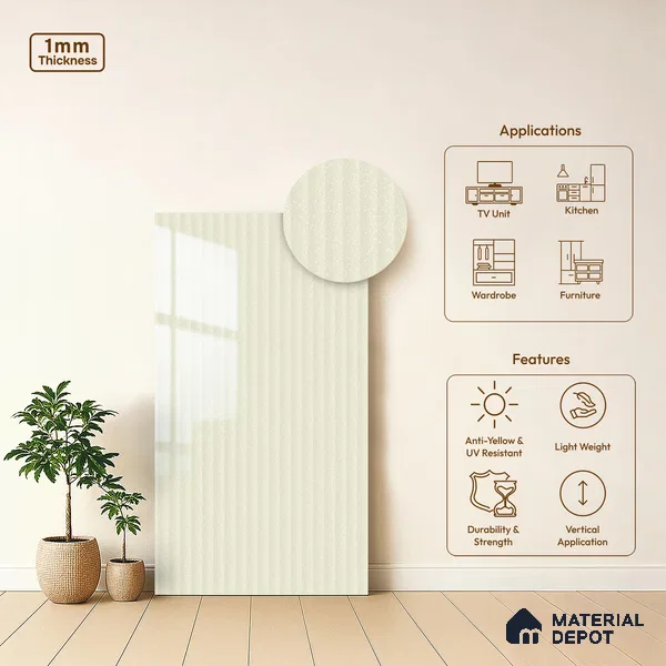 Ivory Beige Fluted Solid Color Look LM 15480 Ivory 8 ft x 4 ft Glossy Finish Decorative Laminate - 1 mm | Suitable for TV Unit, Wardrobe, Kitchen Cabinets