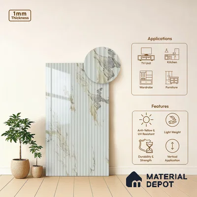 Marble Fluted Look LM 15554 Creamy Venetino 8 ft x 4 ft Glossy Finish Decorative Laminate - 1 mm | Suitable for TV Unit, Wardrobe, Kitchen Cabinets