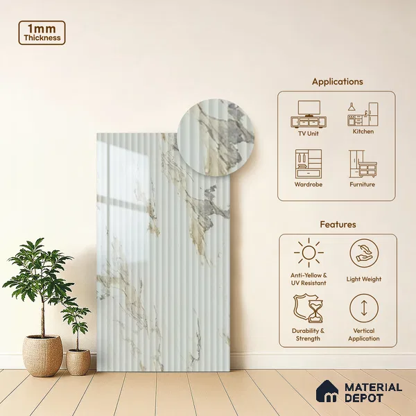 Marble Fluted Look LM 15554 Creamy Venetino 8 ft x 4 ft Glossy Finish Decorative Laminate - 1 mm | Suitable for TV Unit, Wardrobe, Kitchen Cabinets