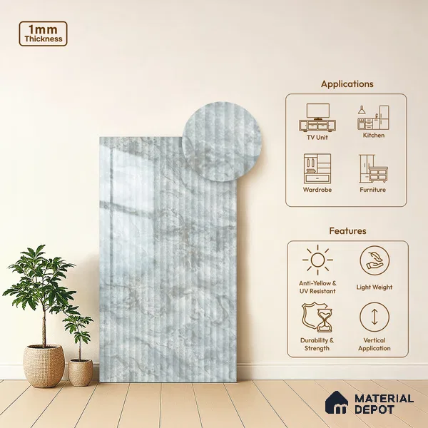 Marble Fluted Look LM 15496 Golden Vein Stone 8 ft x 4 ft Glossy Finish Decorative Laminate - 1 mm | Suitable for TV Unit, Wardrobe, Kitchen Cabinets